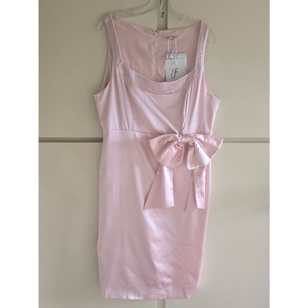 Fehaute Pale Pink Slvls Sheath Midi Dress 3D Bow, Rhinestone Trim - Sz. 12, NWT